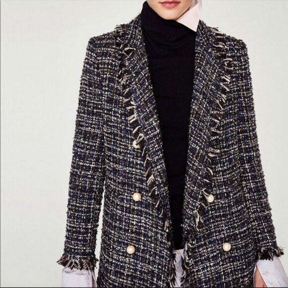 New Zara Tweed Coat Pearl Buttons Frayed CoCo Chanel Style - Picture 14 of 14
